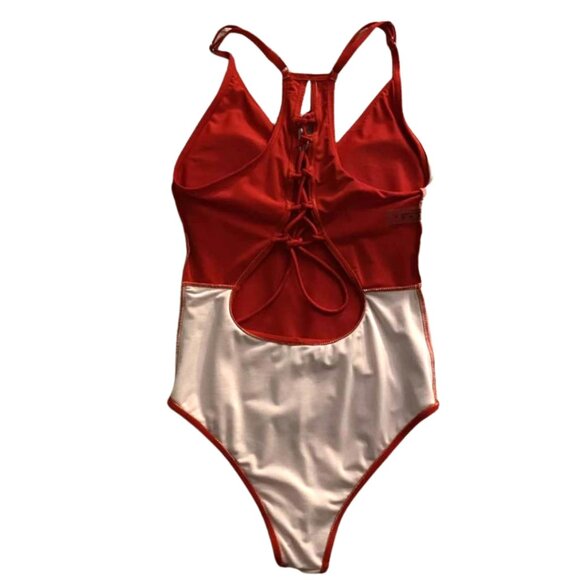 Red One-Piece Swimsuit Cheeky Cut Lace-Up Back Adjustable Straps Removable Cups - Picture 6 of 9